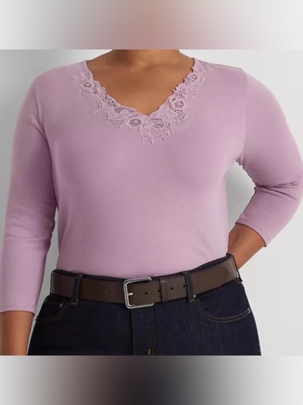 Lauren Ralph Lauren Women's Lace-Trim Stretch Cotton Top 1X Purple Old Money